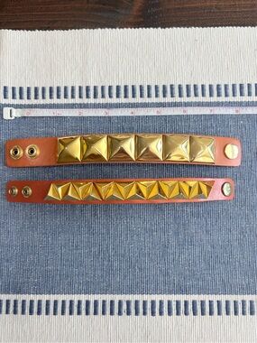Gold Pyramid Stud Tan Leather Bracelets - Women's Accessory